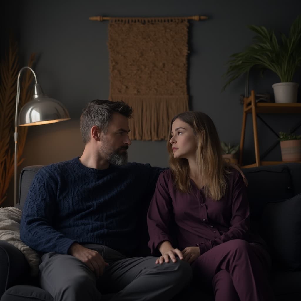 The scene is set indoors in a cozy, dimly lit living room.