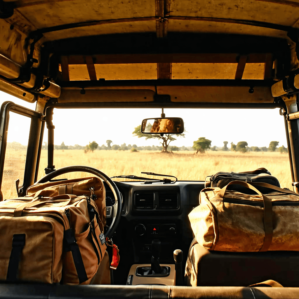 The scene unfolds inside a rugged vehicle, possibly a safari jeep, suggesting a sense of adventure.