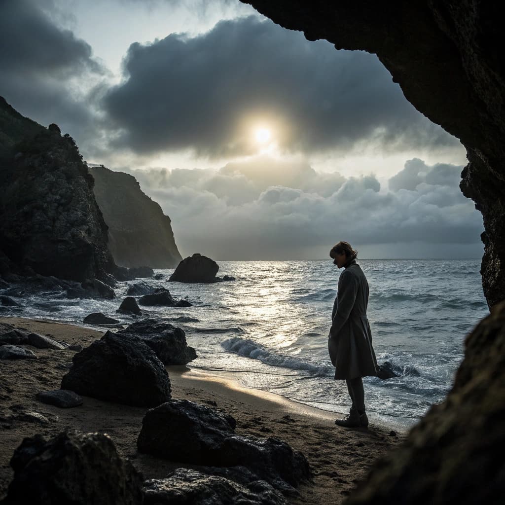 The scene is set outdoors by a tranquil seaside during the soft glow of early evening.