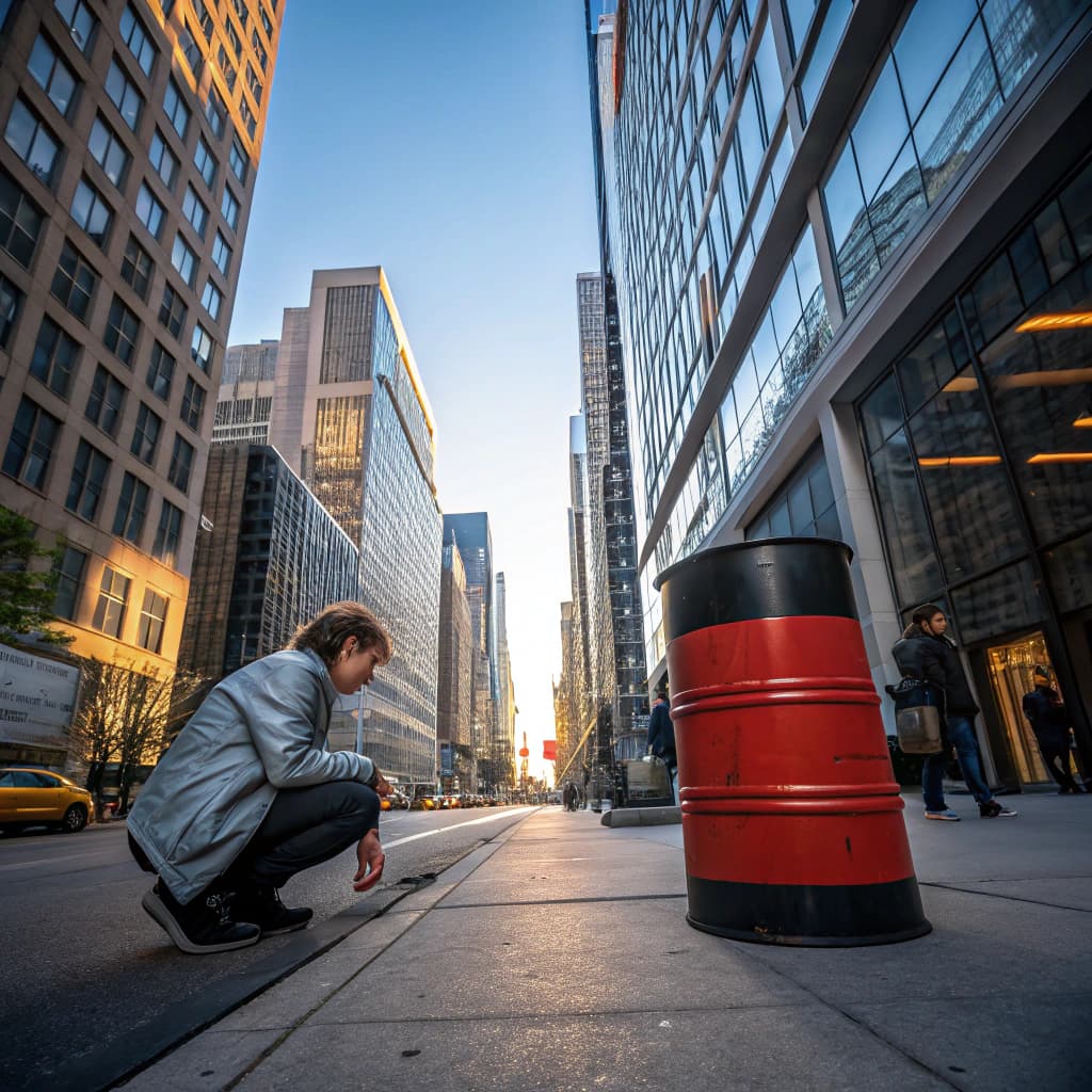 The scene unfolds outdoors in an urban setting, characterized by towering buildings that create a canyon-like effect along the street.