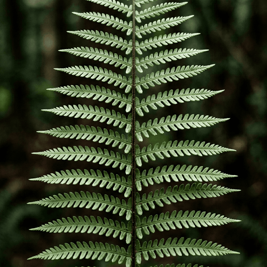 A single fern frond fills the center of the frame in extreme close-up, its narrow stem running vertically and the serrated leaflets spreading symmetrically outward in layered rows.