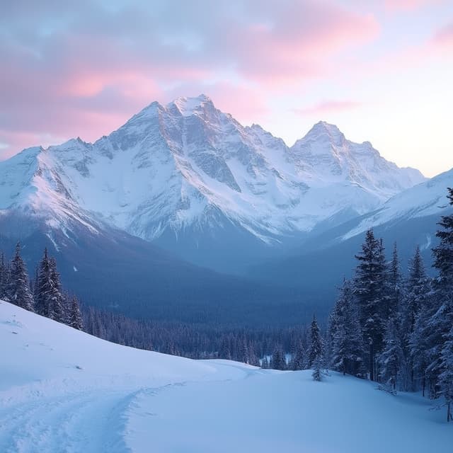 The scene is set outdoors in a breathtaking mountainous landscape, captured during the gentle fade of dusk.