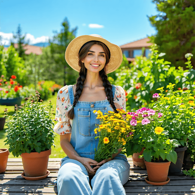 The scene is set outdoors in a lush garden during the late afternoon, where the golden glow of the setting sun casts warm hues across the landscape.