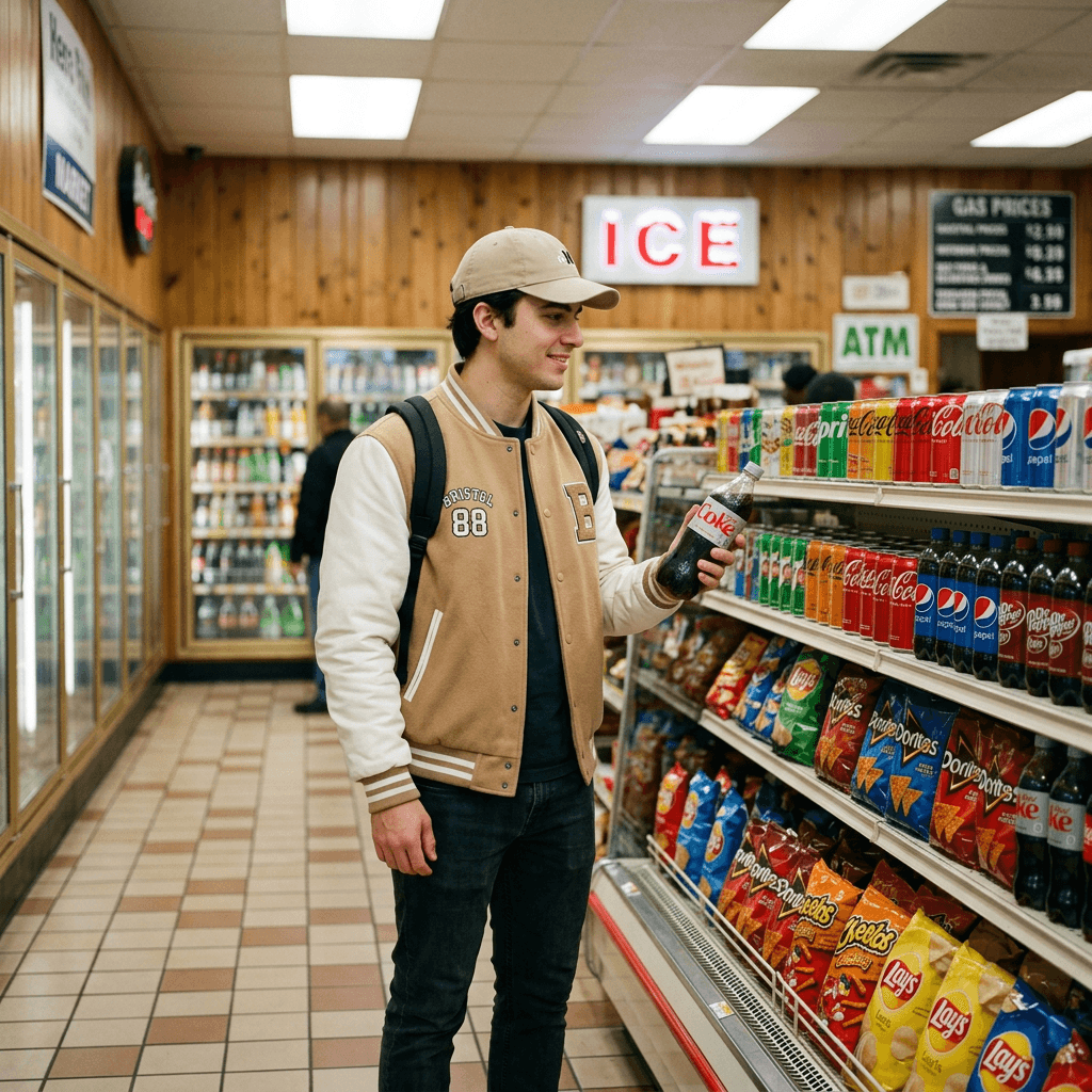 Inside a convenience store or gas-station market, a young man stands in the foreground beside a beverage aisle, framed from mid-thigh up at a slight low angle.