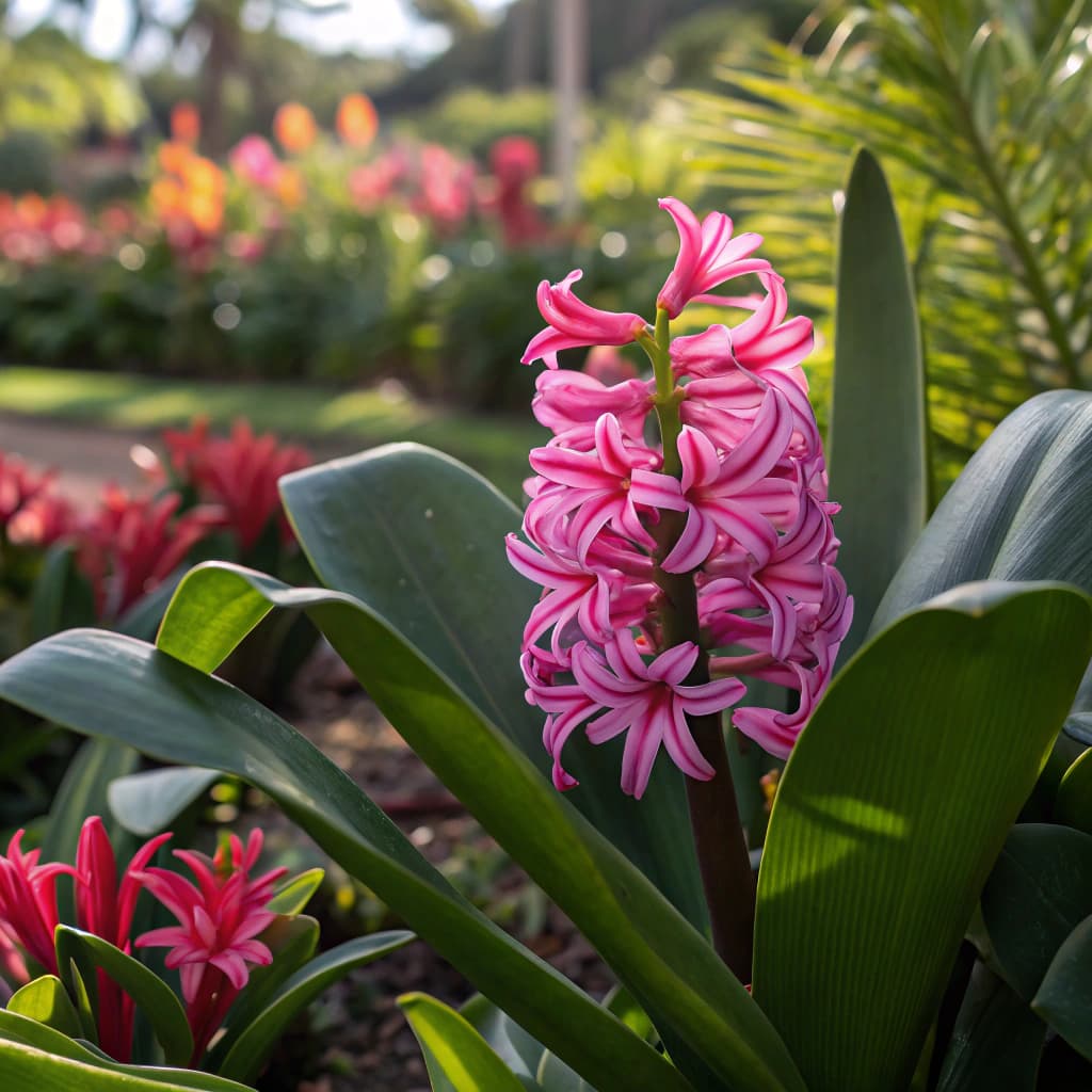 The scene unfolds outdoors amidst a serene garden setting.