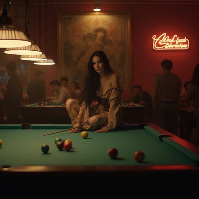 The scene is set indoors, in a modern billiards hall illuminated by bright, artificial lighting.