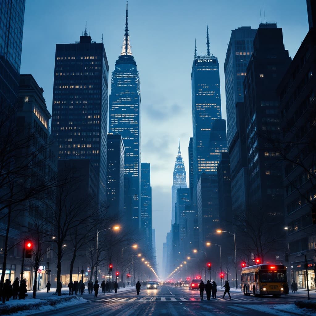The scene is set outdoors in a bustling urban environment.