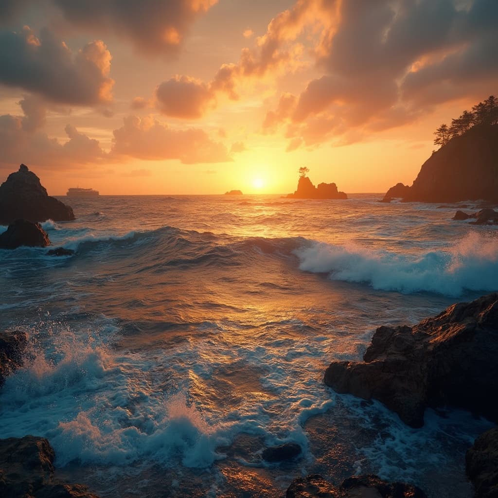 The scene is set outdoors at sunset, casting a warm, golden glow across the landscape.