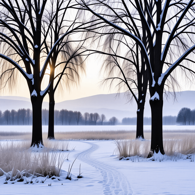 The scene is set outdoors in a tranquil, snow-covered landscape.