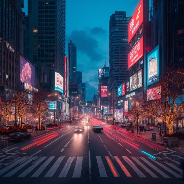 The scene is an urban nighttime setting, likely a bustling city center.