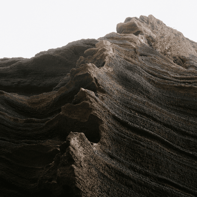 The image depicts a striking landscape featuring a rugged, textured rock formation.