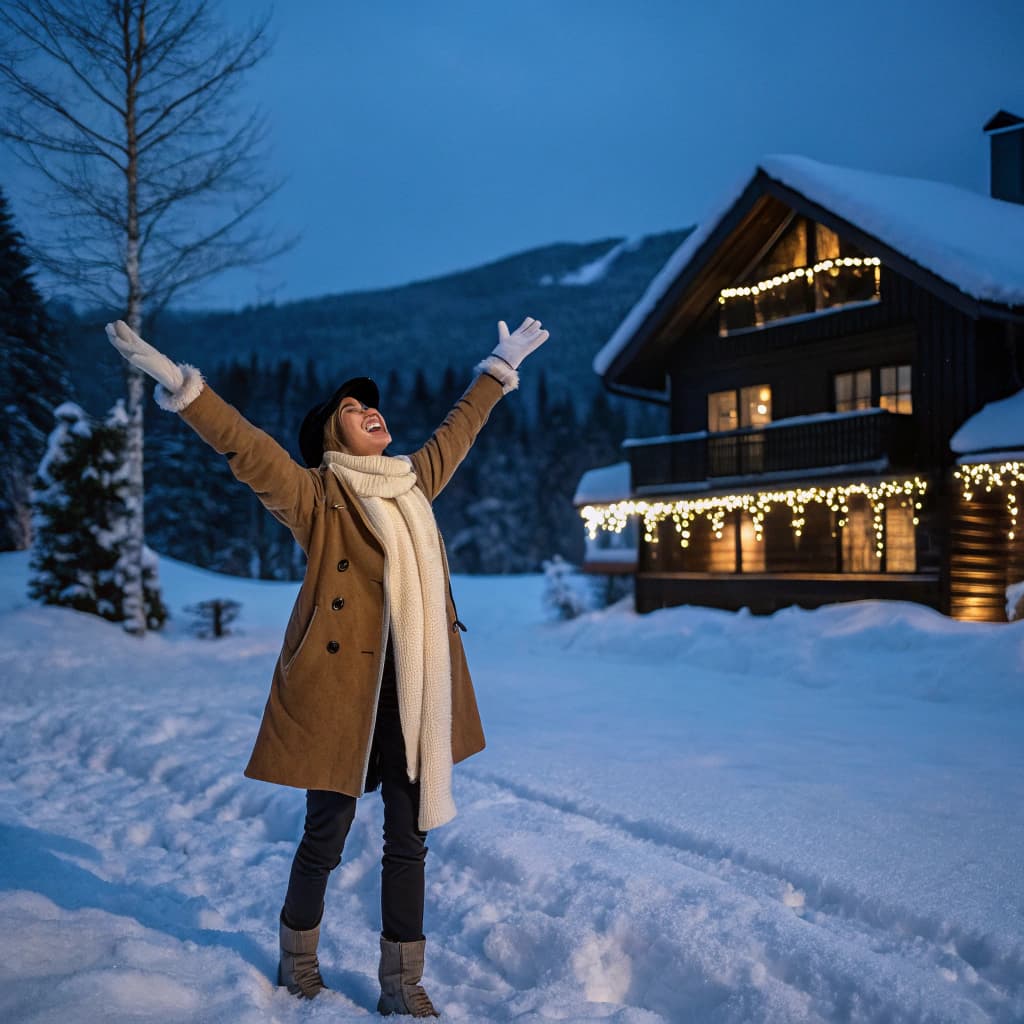 The scene takes place outdoors in a snowy landscape during the dusk or early evening, as the sky has a soft, dim hue indicating fading daylight.