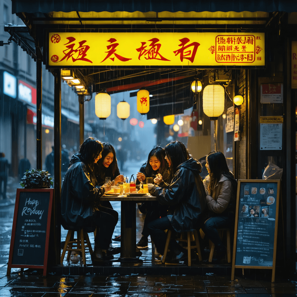 The scene is an inviting outdoor setting in the soft glow of evening light.