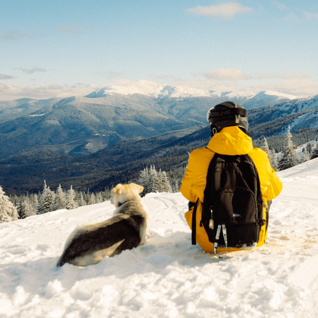 The scene is set outdoors on a snowy mountainside under a clear blue sky.