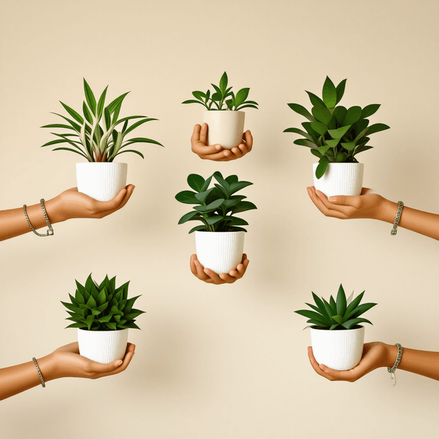 The scene is set indoors against a smooth, neutral beige background.