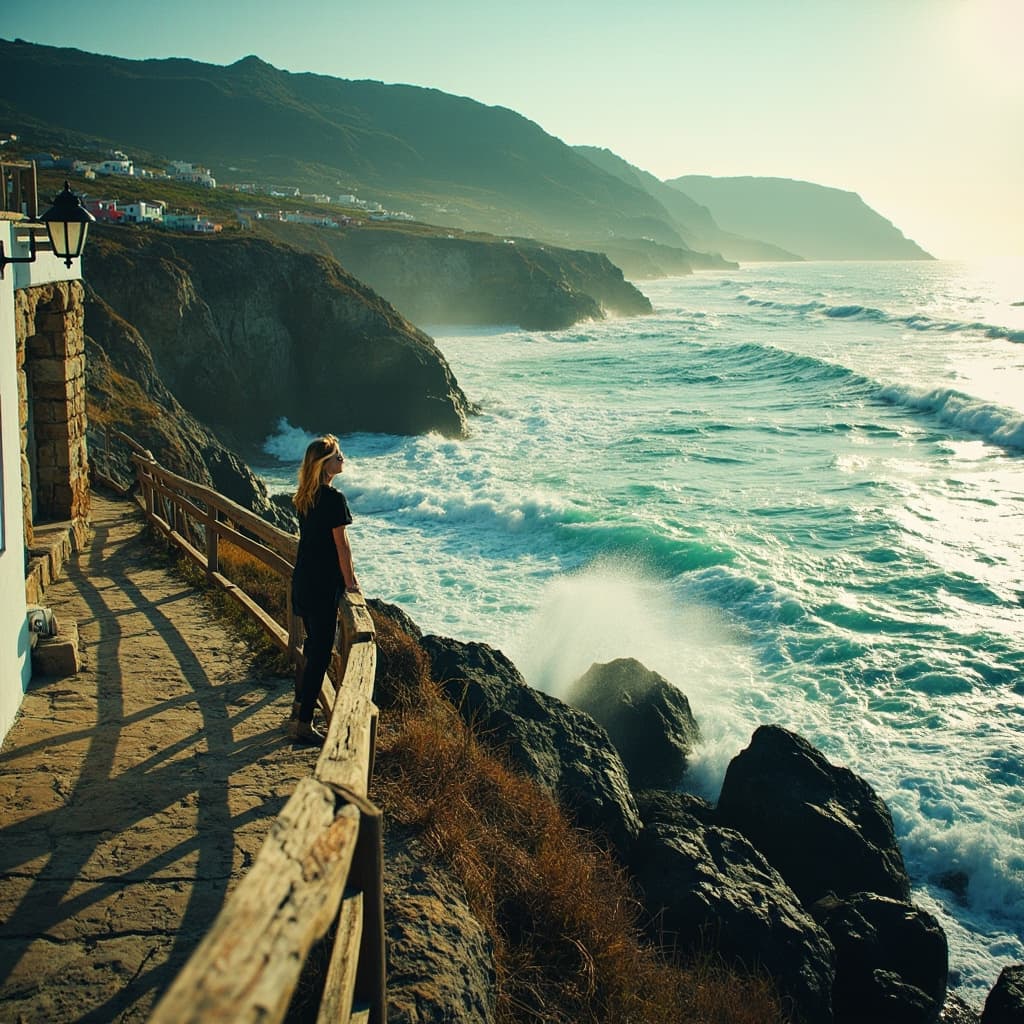 The scene is set outdoors by the sea, during a clear day with brilliant sunlight casting a shimmering glow on the turquoise water.