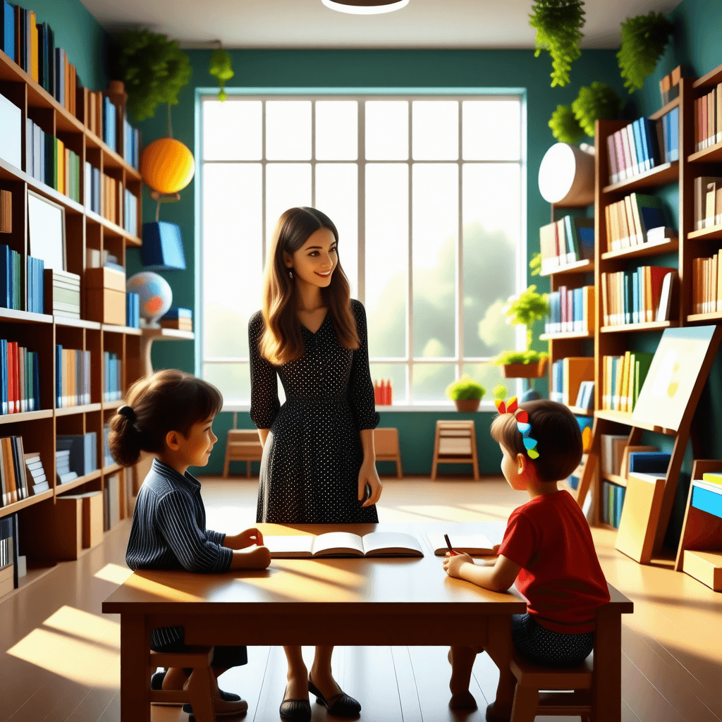 The scene unfolds indoors within a lively classroom setting during the daytime, as indicated by the bright interior lighting.