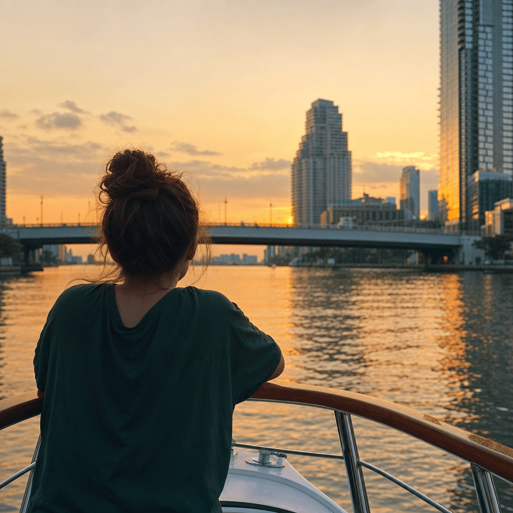 A person is seen from behind on the bow of a small boat, leaning slightly toward a metal rail with a curved wooden cap, wearing a loose dark green top and with brown hair tied in a messy bun.