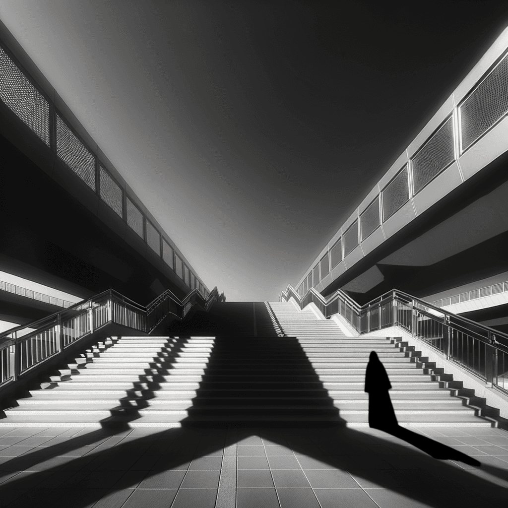 The scene is set outdoors, captured in stark black and white, with a modern architectural element—an overpass—imposing diagonally across the frame.