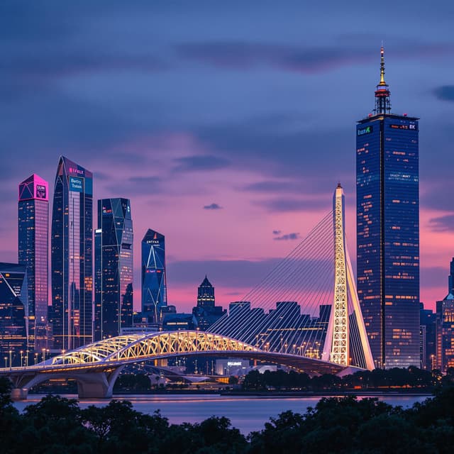 The scene is an outdoor cityscape at dusk, with the sky transitioning from deep blue to shades of purple and pink as the day turns to night.
