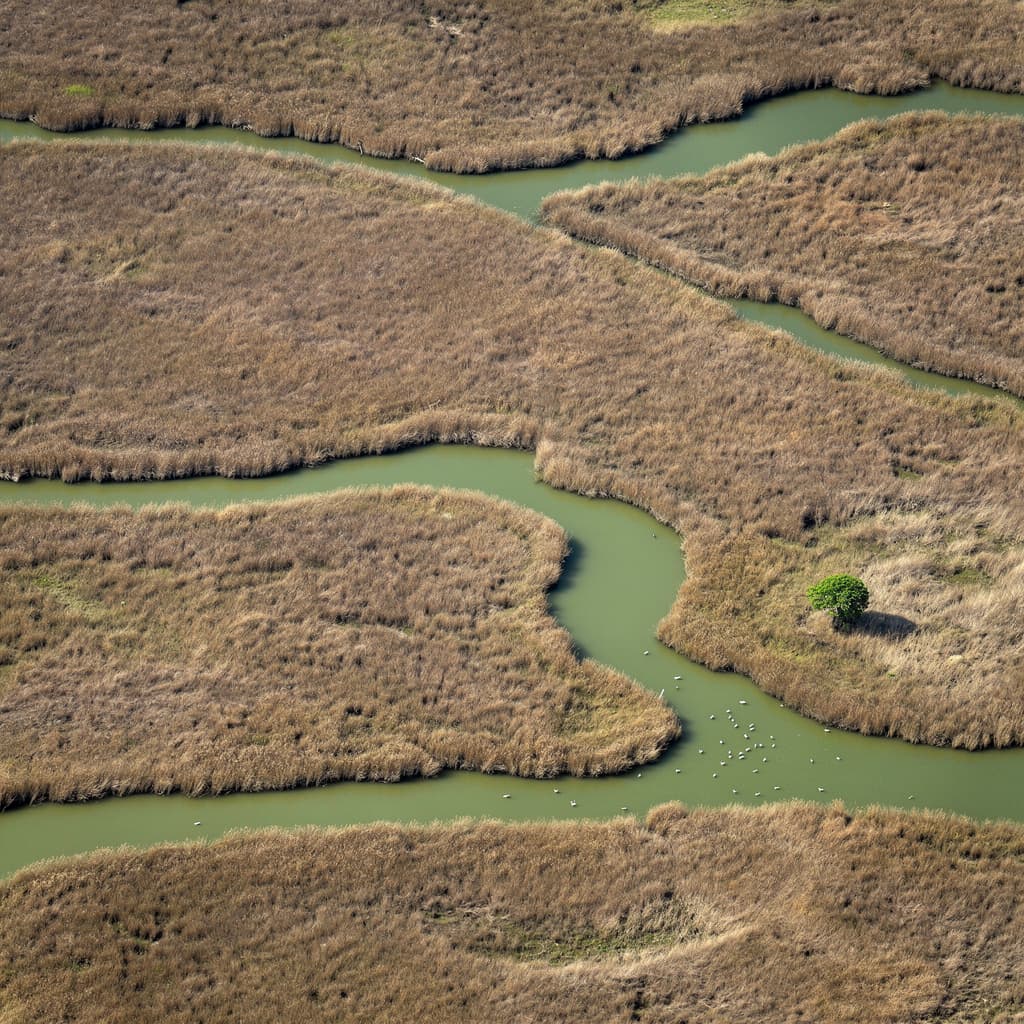 A high, straight-down aerial view shows a broad wetland or river delta made of dense brown reed beds and shallow greenish water channels winding between irregular landmasses.