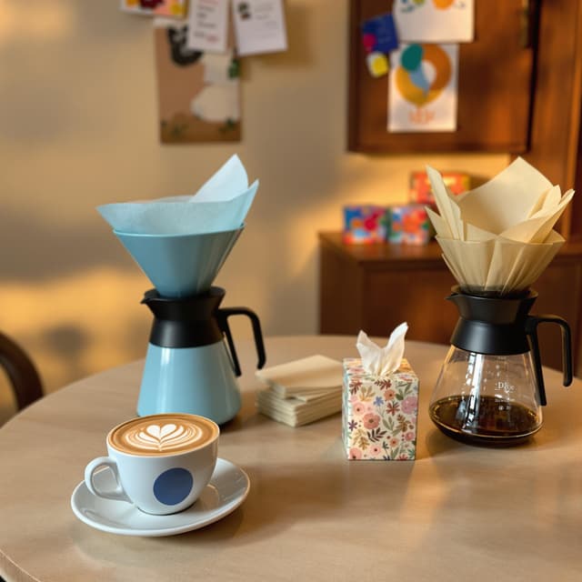 The scene is set indoors, likely in a cozy café or a coffee preparation area, with soft, ambient lighting that suggests it might be either morning or early afternoon.