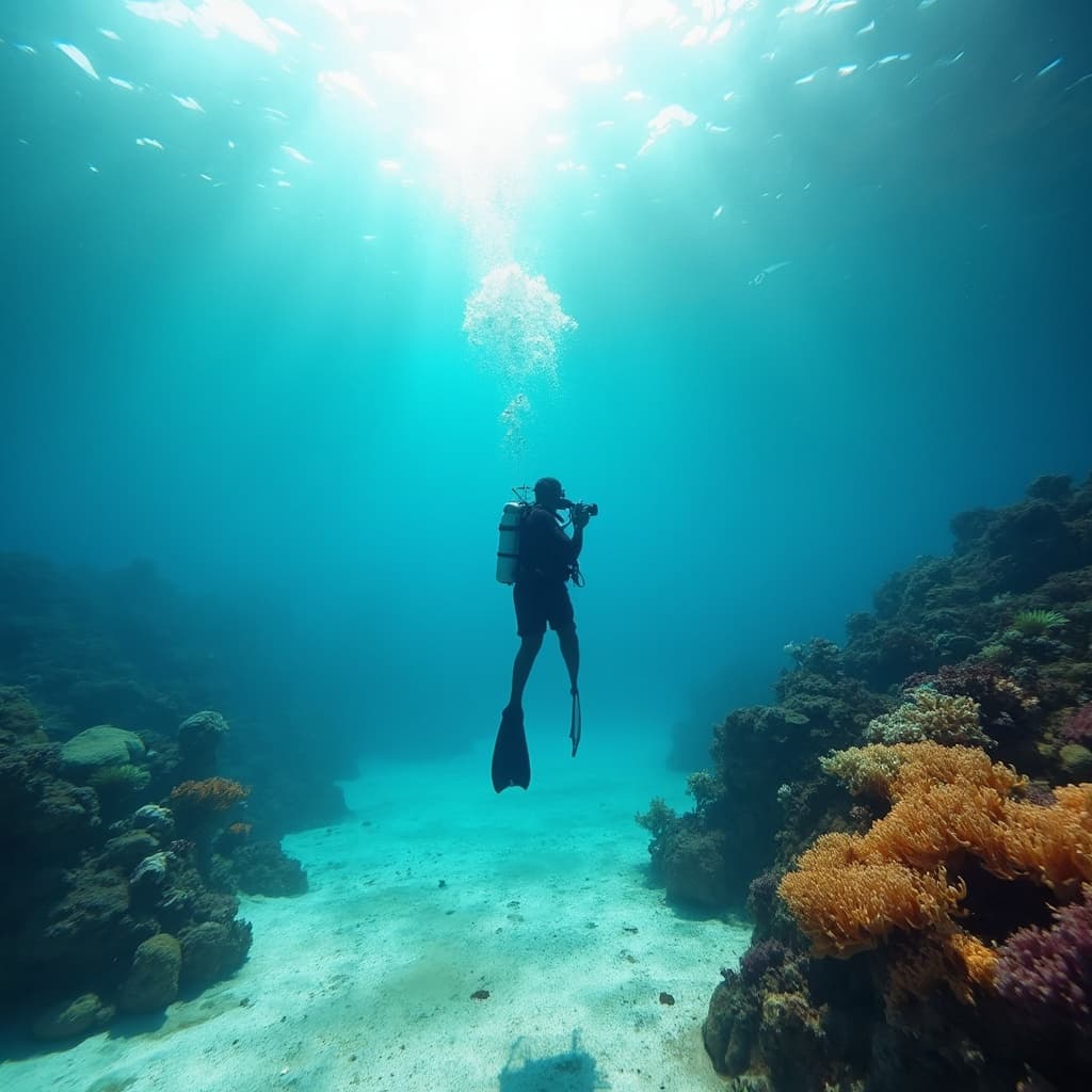 The scene is set underwater, with a single diver as the central figure in a vast, open ocean.