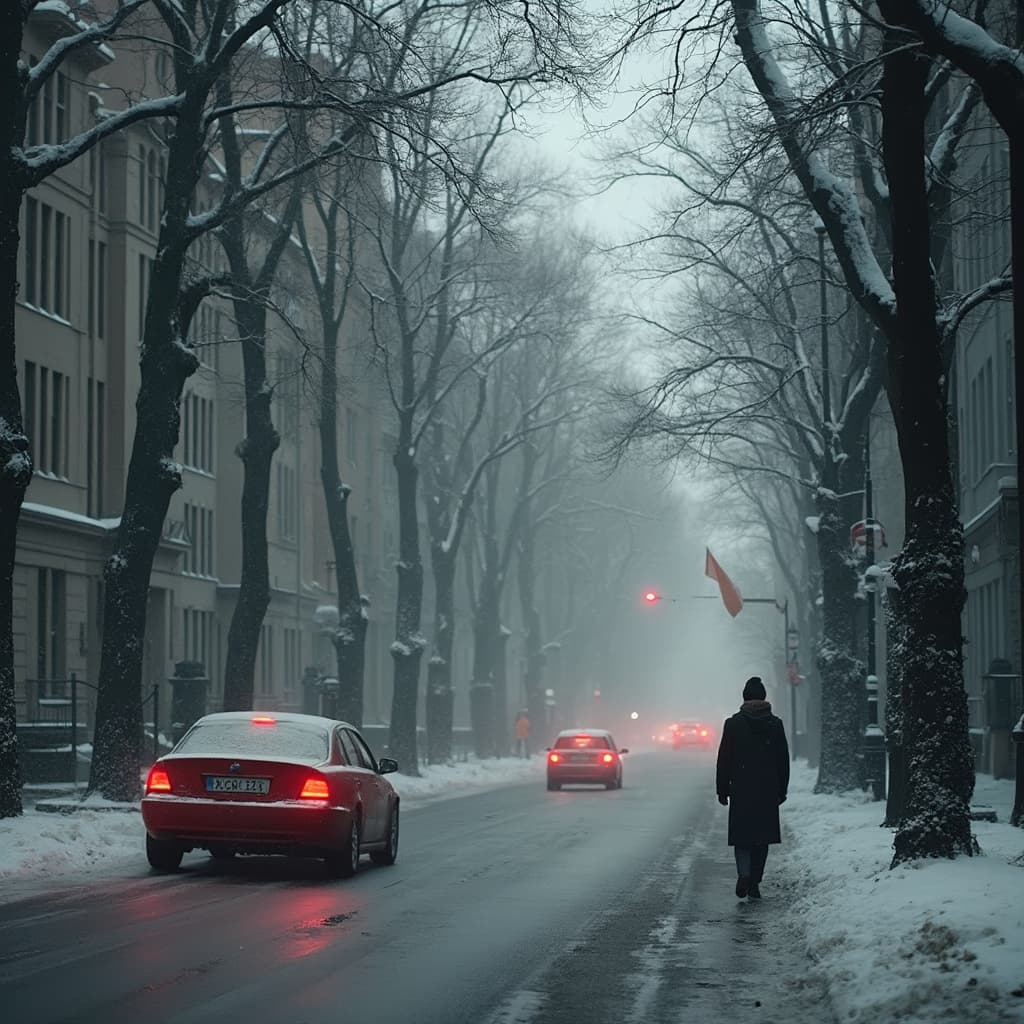 The scene is set outdoors on a quiet street lined with tall, bare trees lightly dusted with snow.
