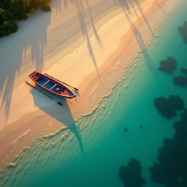 The scene presents a captivating aerial view of a tranquil beach setting during what seems to be daylight hours, casting soft shadows and illuminating natural colors vividly.