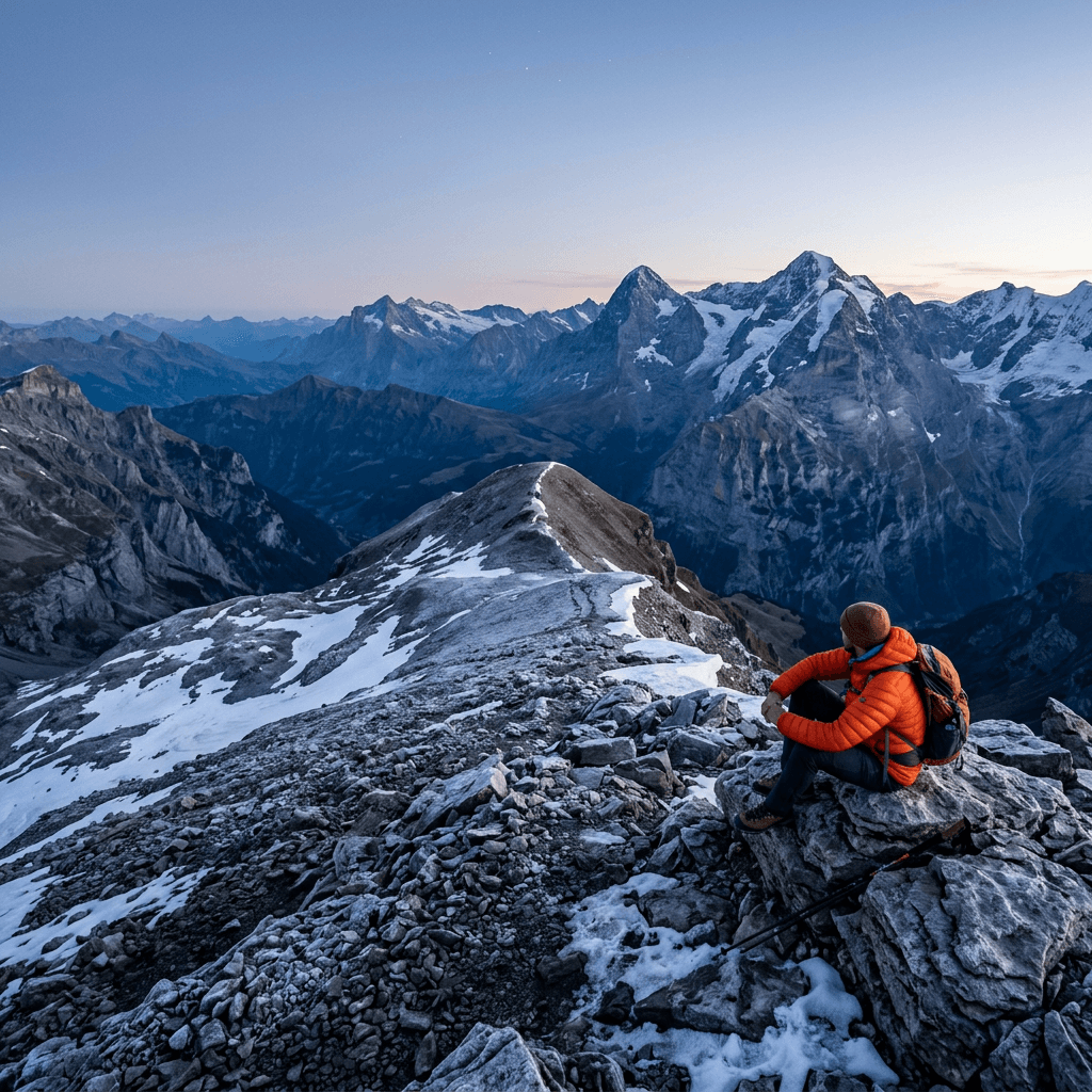 A high alpine mountain scene at twilight shows a broad rocky summit in the foreground, strewn with dark scree and irregular patches of snow and ice, leading to a narrow rounded ridge.
