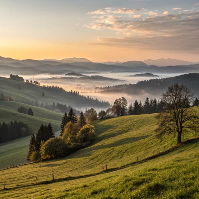 The scene is set outdoors during the early morning as the soft glow of dawn bathes the landscape in warm, golden hues.