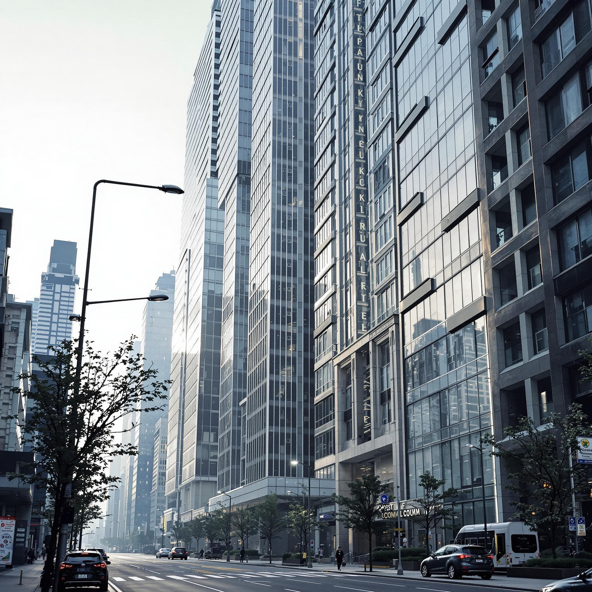 The scene depicts an urban outdoor setting, likely in the late afternoon with a soft golden light permeating the street from the fading sun.