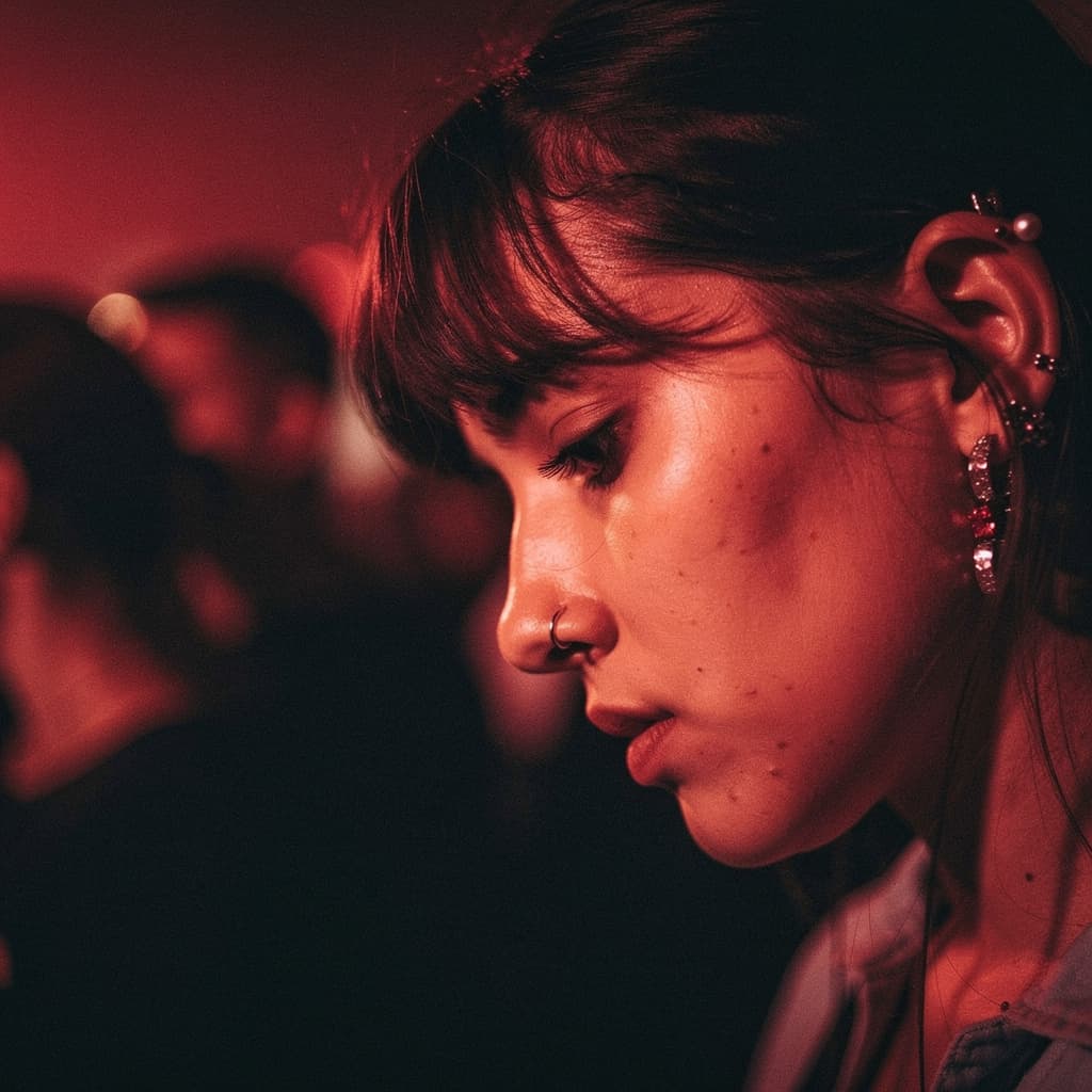 A very tight close-up shows a young woman’s face in profile turned slightly downward, filling the right half of the frame against a nearly black, indistinct background.