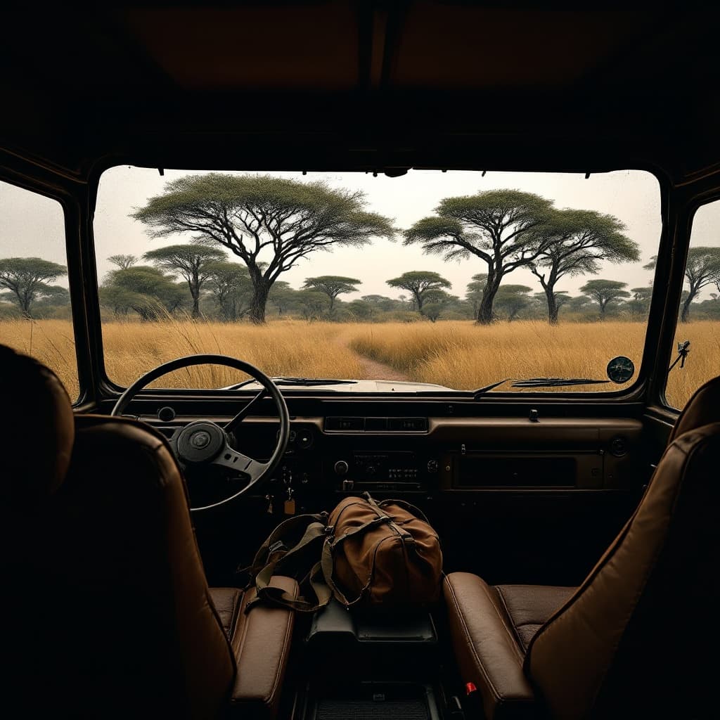 The scene unfolds inside a rugged vehicle, possibly a safari jeep, suggesting a sense of adventure.