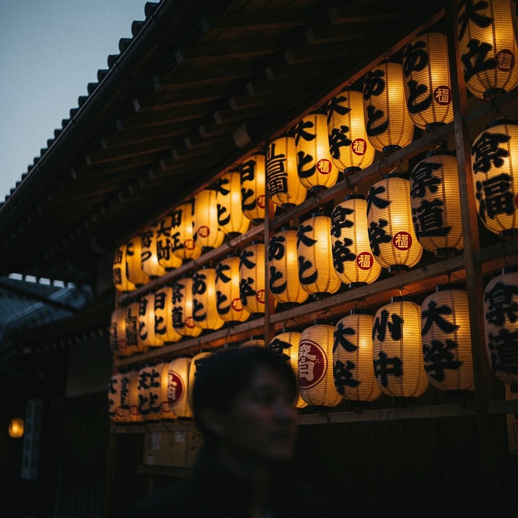 A dark exterior setting at dusk or night shows the underside of a traditional building roof at the top left against a small wedge of pale sky, while three tightly packed rows of warm amber paper lanterns fill the upper and right side of the frame.