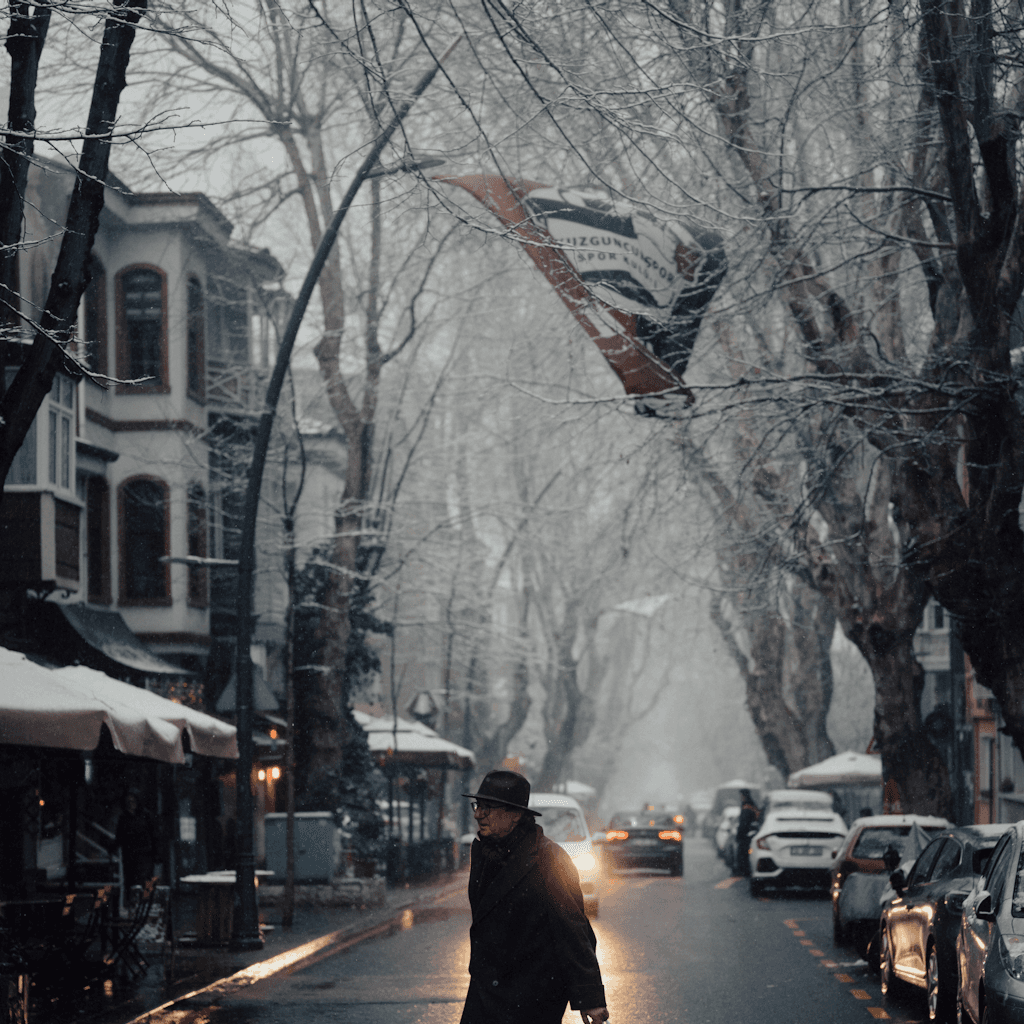 The scene is set outdoors on a quiet street lined with tall, bare trees lightly dusted with snow.