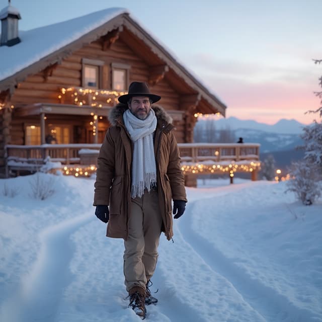 The scene is set outdoors during the evening, as the sky has a dusky, purplish tint suggesting twilight.