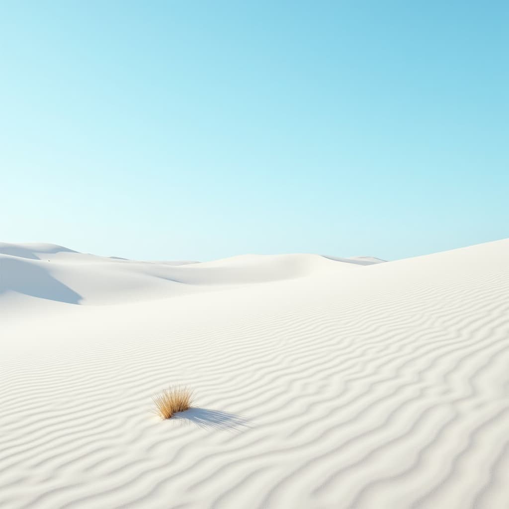 The scene takes place outdoors in a vast desert landscape, characterized by smooth, undulating dunes of white sand that stretch into the distance.
