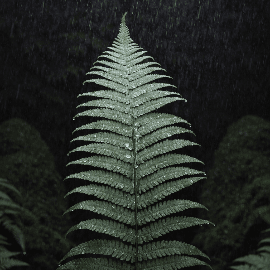 A single fern frond fills the center of the frame in extreme close-up, its narrow stem running vertically and the serrated leaflets spreading symmetrically outward in layered rows.