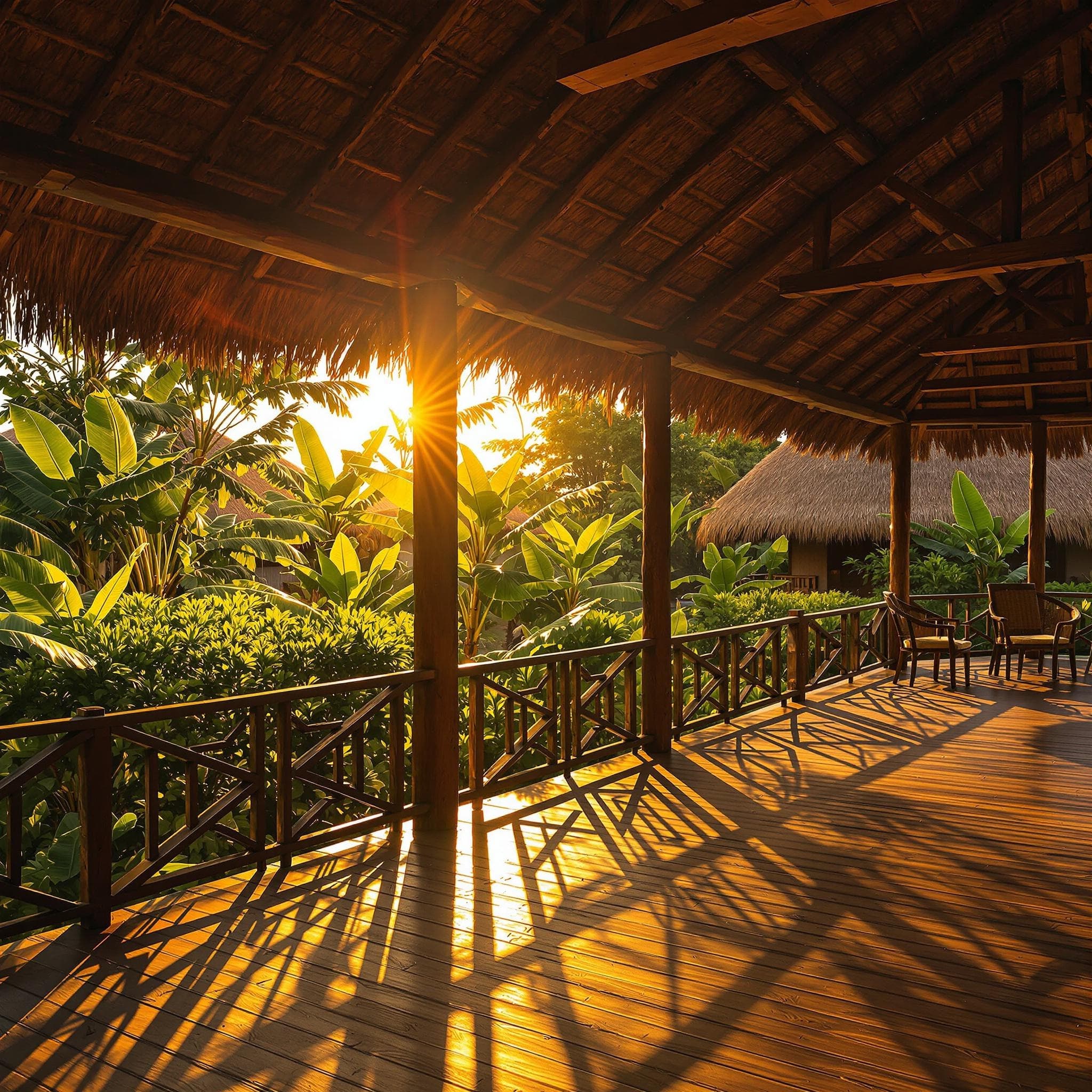 The scene is set on a rustic, wooden veranda in a lush, tropical outdoor setting.