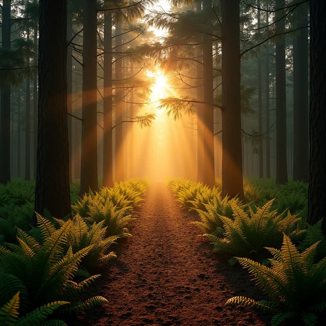 The scene is set in a tranquil forest, bathed in the soft glow of morning sunlight.
