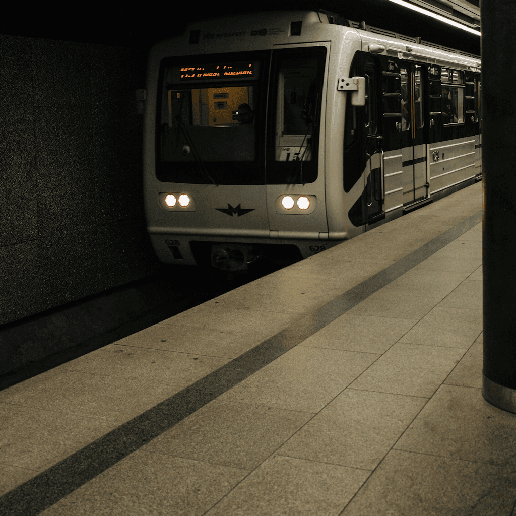 The image depicts a subway train station with a train approaching the platform.