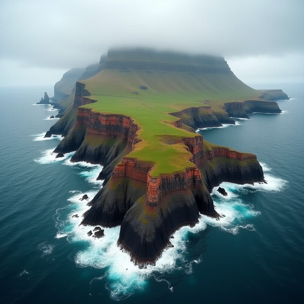 The scene presents a dramatic aerial view of an island jutting out into the ocean, framed by turbulent waves.