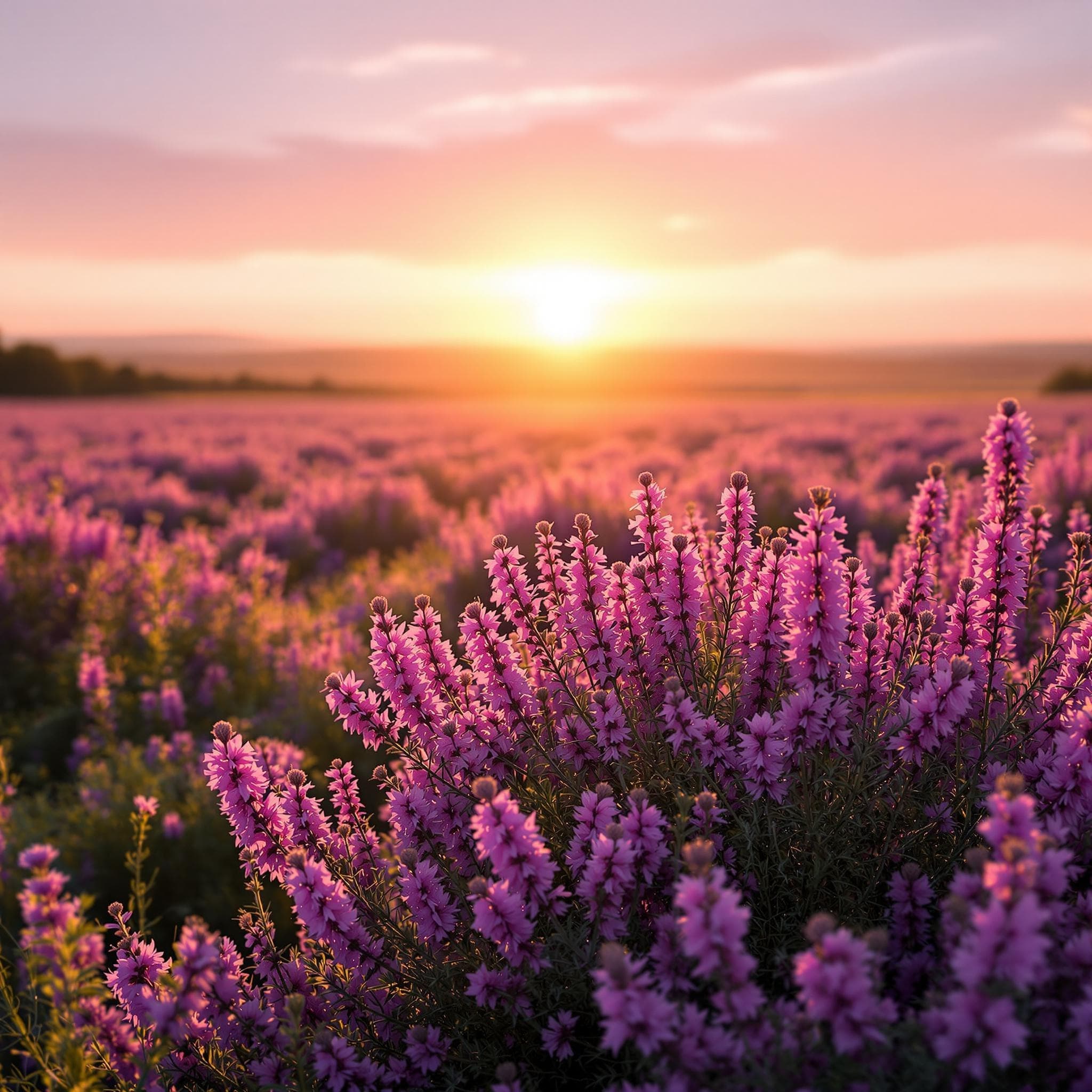 The scene is set outdoors in a vast field of blooming heather, captured during the soft glow of either sunrise or sunset.