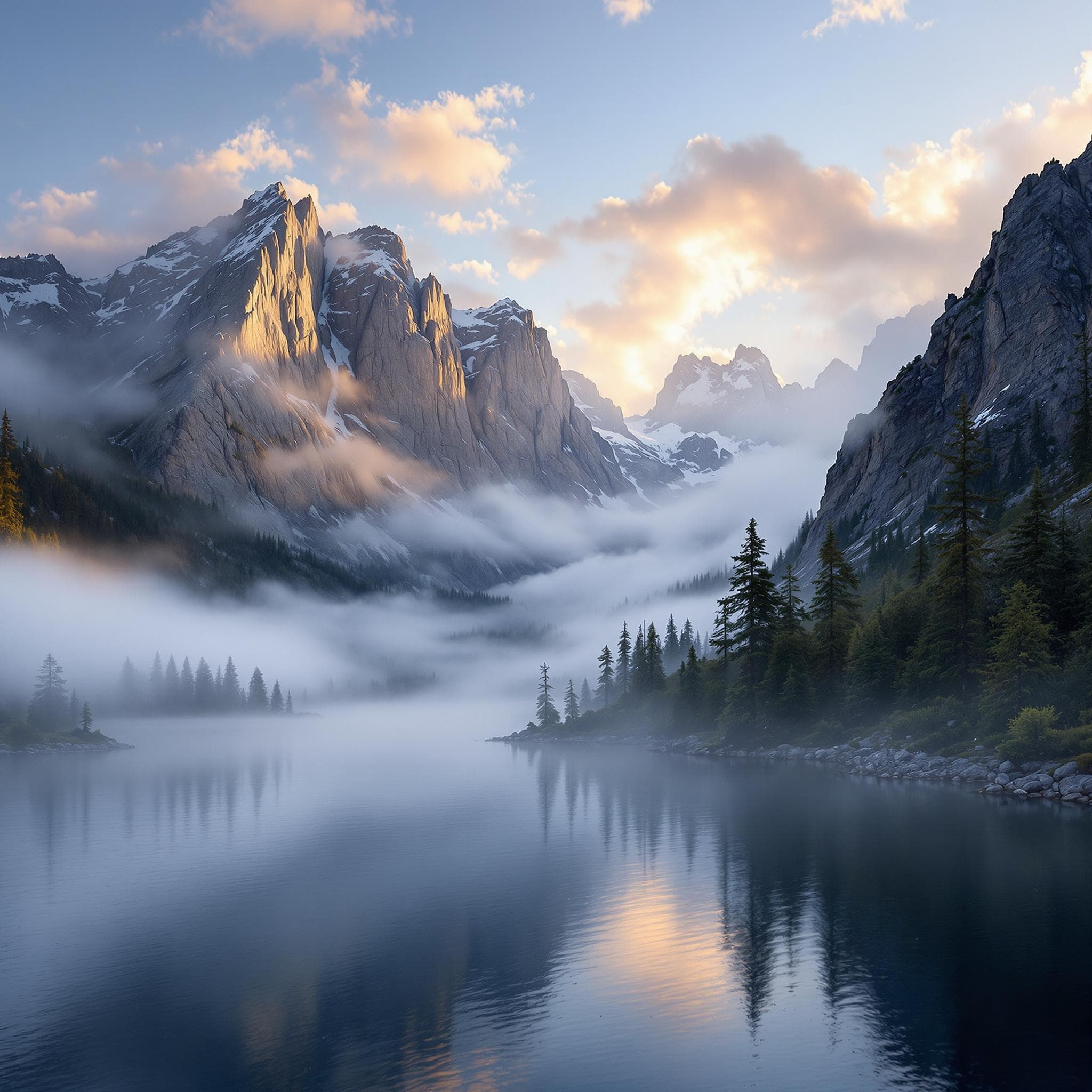 The scene is set outdoors in a mountainous landscape during what appears to be late afternoon, given the soft light that bathes the area.