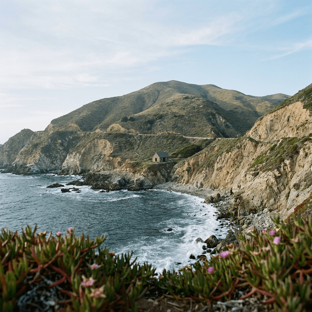 A rugged coastal landscape fills the frame, viewed from a slightly elevated distance across a cove with dark blue-green water and white surf curling along the rocky shore.