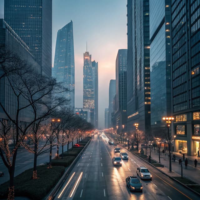 The scene is an urban nighttime setting, likely a bustling city center.