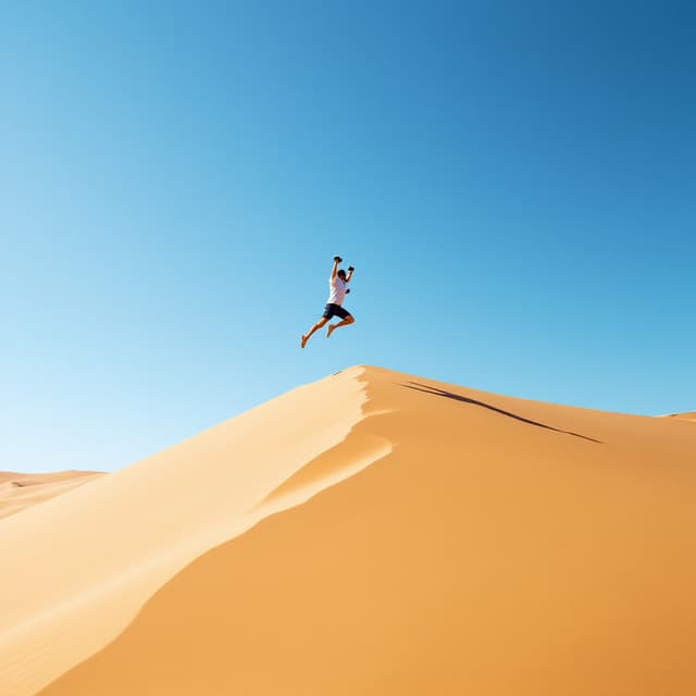 The image captures a dynamic scene of a person leaping off the crest of a large sand dune in an expansive desert landscape.