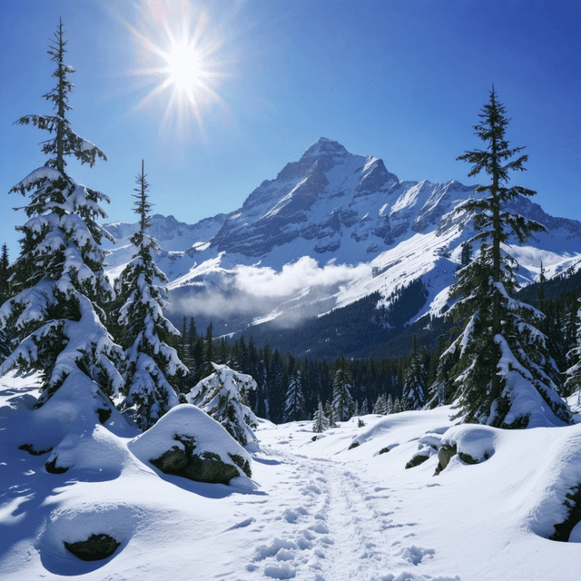 The scene is set outdoors in a breathtaking mountainous landscape, captured during the gentle fade of dusk.