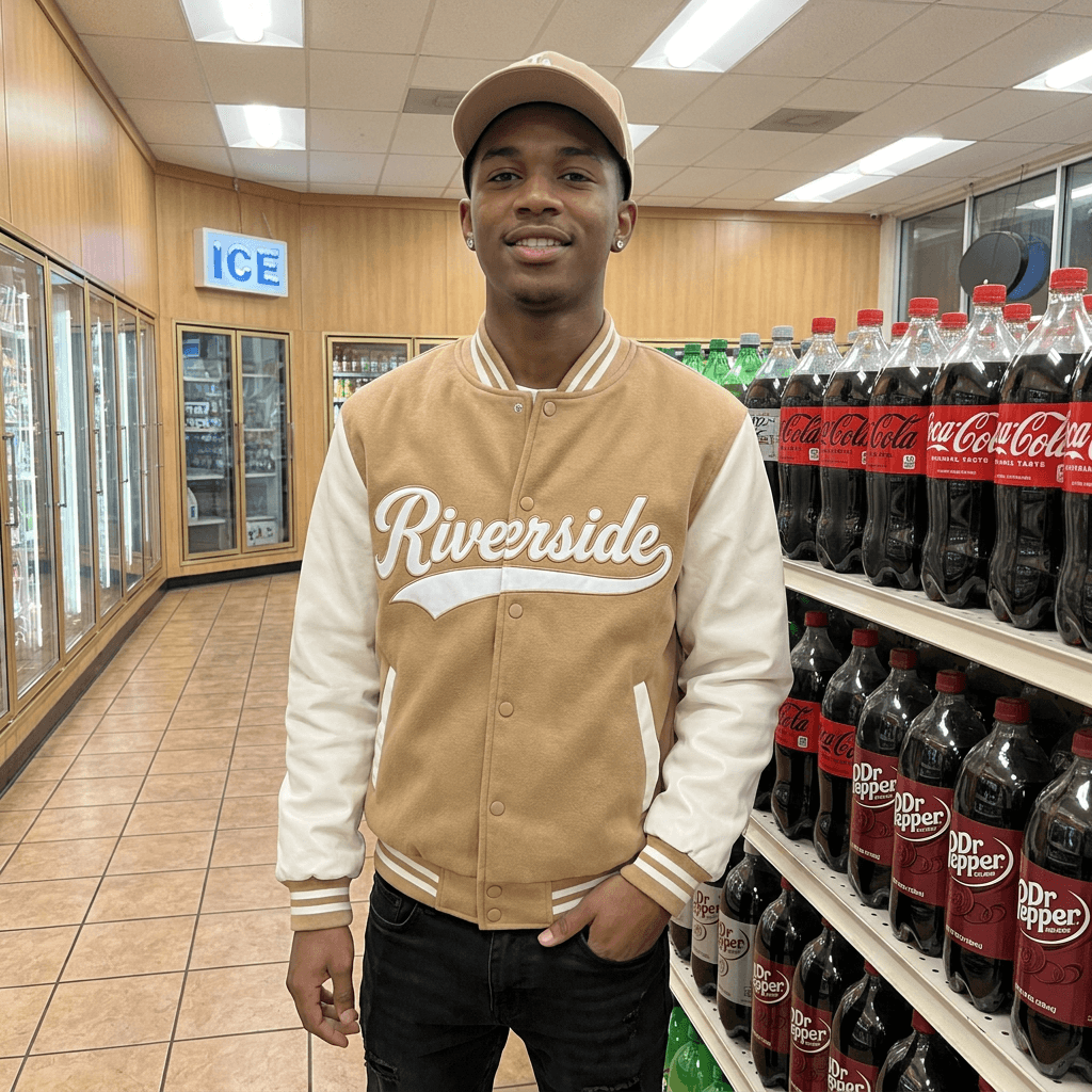 Inside a convenience store or gas-station market, a young man stands in the foreground beside a beverage aisle, framed from mid-thigh up at a slight low angle.